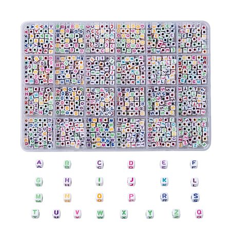 ARRICRAFT White Opaque Acrylic Beads, Cube with Mixed Color Alphabet, Letter A~Z, 5x5x5mm, Hole: 2mm