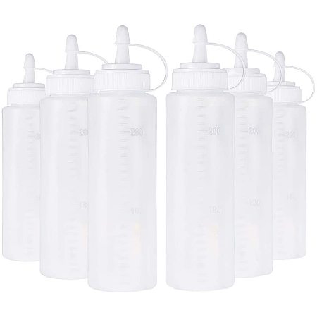 BENECREAT 6 Pack 6.5oz Plastic Squeeze Squirt Condiment Bottles Twist On Cap Lids with Scale for Ketchup, Sauces, Syrups, Paint and More