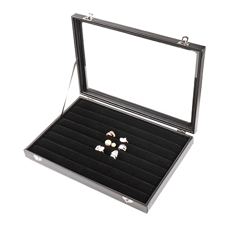 Honeyhandy Imitation Leather and Wood Rings Display Boxes, with Glass, Rectangle, Black, 24x35x4.5cm
