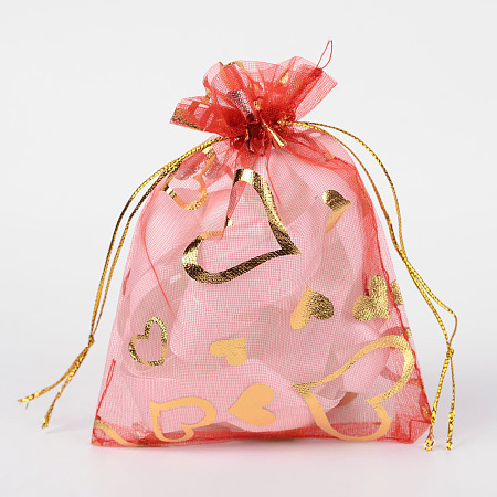 Honeyhandy Heart Printed Organza Bags, Wedding Favor Bags, Favour Bag, Gift Bags, Rectangle, Red, 12x10cm