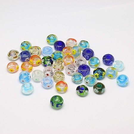 Arricraft Handmade Lampwork European Beads, Large Hole Beads, with Platinum Color Brass Double Cores, Inner Flower Lampwork, Rondelle, Colorful, 14x11mm, Hole: 5mm