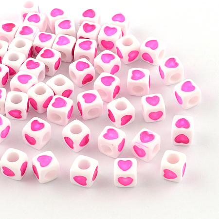 Honeyhandy Opaque Acrylic European Beads, Large Hole Cube Beads, with Heart Pattern, Fuchsia, 7x7x7mm, Hole: 4mm, about 1900pcs/500g