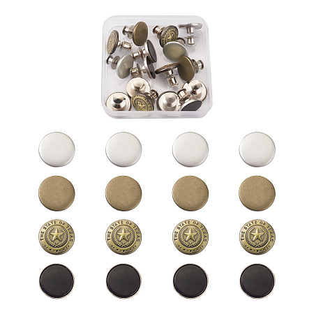 Honeyhandy Kissitty 16sets 4 Styles Iron Button Pins for Jeans, Garment Accessories, Flat Round, Antique Bronze & Platinum, 4set/style