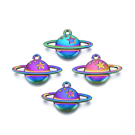 Honeyhandy Rainbow Color Alloy Pendants, Cadmium Free & Lead Free, Planet, 14x22x2.5mm, Hole: 1.4mm