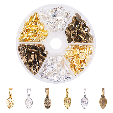 PandaHall Elite 90 Pcs Alloy Tibetan Style Glue-on Flat Pad Bails Leaf Shape Pendants Charms Connector 3 Colors for Jewelry Making