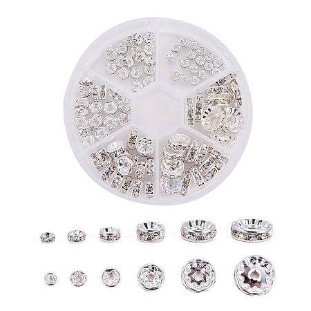 Brass Rhinestone Spacer Beads, Grade AAA, Straight Flange, Silver Color Plated, Rondelle, Crystal, 8x2cm; 120pcs/set