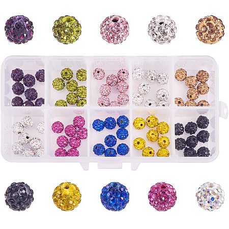 NBEADS 100 PCS 8mm Pave Czech Crystal Rhinestone Disco Ball Clay Spacer Beads with 1mm Hole, 10 Assorted Colors Round Polymer Clay Charms Beads for Shamballa Jewelry Making