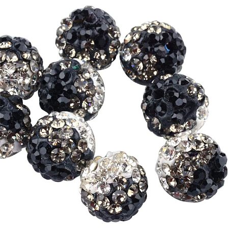 Pandahall Elite 100pcs 10mm Two-Tone Rhinestone Clay Beads Clay Pave Disco Ball Shamballa Clay Beads for Jewelry Making - Black & Crystal