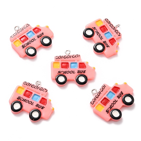 ARRICRAFT Resin Pendants, with Platinum Tone Iron Loop, School Bus with Word, Pink, 27x30.5x4mm, Hole: 2mm