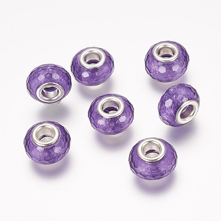 Honeyhandy Faceted Resin European Beads, Large Hole Rondelle Beads, with Silver Tone Brass Cores, Dark Violet, 14x9mm, Hole: 5mm