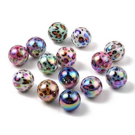 UV Plating Opaque Acrylic Beads, Iridescent, Round with Leopard Pattern, Mixed Color, 15mm, Hole: 2.4mm