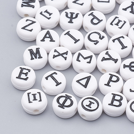 Honeyhandy Acrylic Beads, Flat Round with Greek Alphabet, Mixed, 7x4mm, Hole: 1.5mm, about 3700pcs/500g