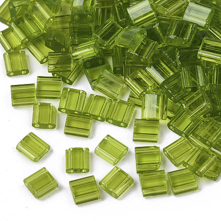 2-Hole Glass Seed Beads, Transparent Colours, Rectangle, Yellow Green, 5x4.5~5.5x2~2.5mm, Hole: 0.5~0.8mm