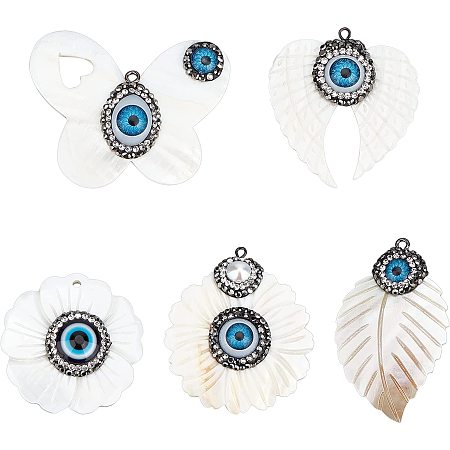 NBEADS 5 Pcs 5 Styles Natural Freshwater Shell with Evil Eye, Flower Butterfly Wing Leaf Shape Pendants Seashell Charms with Rhinestone and Ice Pick Pinch Bails for Necklace Bracelet Earring Making