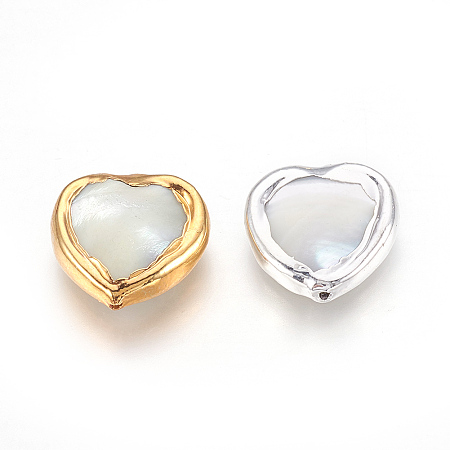 Natural White Shell Beads, Mother of Pearl Shell Beads, Edge Plated, Heart, Mixed Color, 14~14.5x13.5~14x3.5~4mm, Hole: 0.8mm