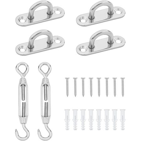 AHANDMAKER 4 Sets Stainless Steel Ceiling Hook Ring Hooks, and 2Pcs Eye & Hook Turnbuckle Wire Rope Tension with Screws for Yoga Swings Hammocks, Boat Rigging, 48x15x20mm, Hole: 4.5mm