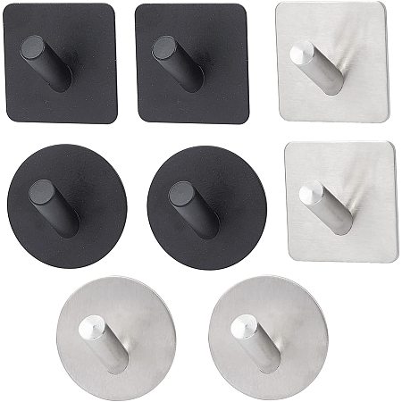 OLYCRAFT 8 Pcs Wall Mounted Adhesive Hooks 2 Styles 304 Stainless Steel Towel Waterproof Hooks Square & Flat Round Bath Towel Hooks for Bathroom Kitchen