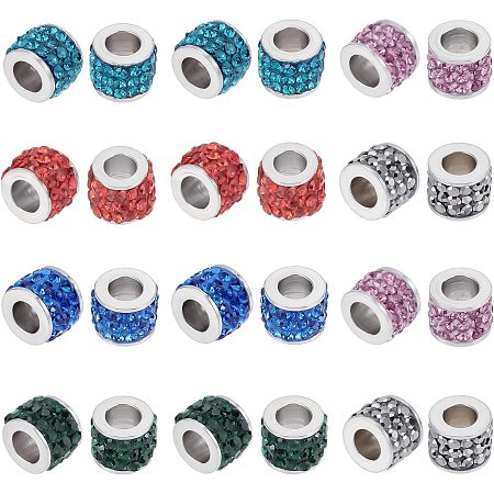 UNICRAFTALE 24pcs 6 Colors Column European Beads with Polymer Clay Rhinestone 304 Stainless Steel Beads Fit European Bracelet Chain Jewelry Making