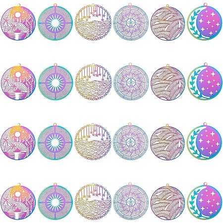 UNICRAFTALE 24Pcs 6 Style Rainbow Color Stars and Seas Pendant Charms Stainless Steel Filigree Pendants Etched Metal Embellishments Flat Round Hollow Pendant Hole 1.5mm for Jewelry Making