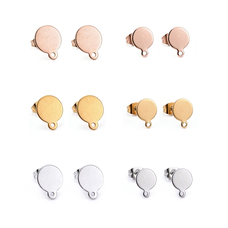 Arricraft 24Pcs 3 Color Vacuum Plating 304 Stainless Steel Stud Earring Findings, with Loop and Flat Plate, Flat Round, Mixed Color, 10.5~12.5x8~10x0.6~1mm, Hole: 1.5mm, Pin: 0.8mm, 24pcs/box