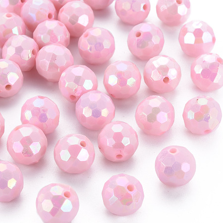 Honeyhandy Opaque Acrylic Beads, Faceted, Dyed, AB Color, Round, Pink, 12x11.5mm, Hole: 1.8mm, about 560pcs/500g