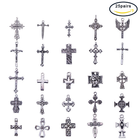 PandaHall Elite 50 Pcs Tibetan Style Alloy Cross Pendant Charms 25 Style for Jewelry Making Antique Silver