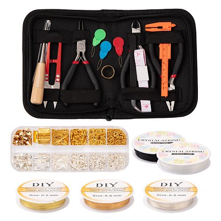 Honeyhandy Jewelry Making Tool Sets, Including Carbon Steel Pliers, Wooden Awl Pricker Sewing Tool, Steel Beading Needles, Plastic Test Tube, PU Iron Soft Tape Measure, Vernier Caliper, Stainless Steel Scissors, Golden & Silver, 11cm, 1pc
