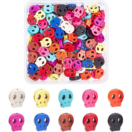 Arricraft 200 Pcs 10 Colors Turquoise Skull Bead Strands, Flat Skeleton Head Charms with Turquoise Dyed, Skull Beads Bulk for Jewelry Making DIY Craft Decoration, Hole: 0.04