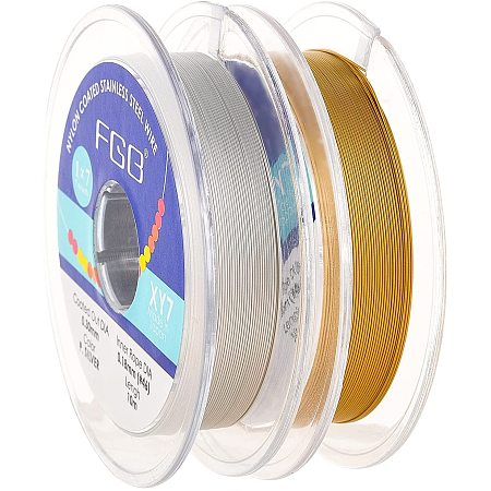 Pandahall Elite 2 Colors Tiger Tail Wire, 30 Gauge 0.3mm Jewelry Beading Wire Craft Metal Wire with Spool Flexible Stainless Steel for Bracelet Necklaces Earring Jewelry Making Supplies and Craft, 65ft