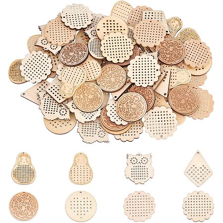 Arricraft 80 Pcs 8 Styles Wood Chip Pendants, Unfinished Wooden Ornaments, Small Wooden Pendants for DIY Wood Crafts Home Decor Cup Mat