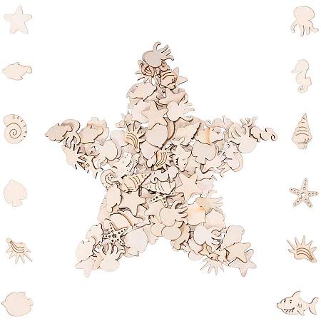 PandaHall Elite 200 pcs Mixed Shape Marine Animal Theme Unfinished Blank Wood Slices Wood Cutouts Pieces for Pyrography Painting Writing DIY Arts Craft Project Book Signing Decoration
