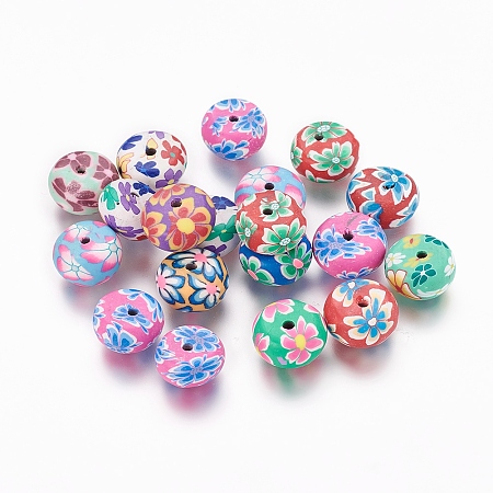 Honeyhandy Handmade Polymer Clay Flat Round Beads, with Flower Pattern, Mixed Color, 11~12x6~7mm, Hole: 3mm