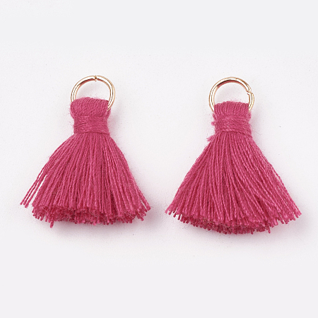 Honeyhandy Polycotton(Polyester Cotton) Tassel Pendant Decorations, with Iron Findings, Light Gold, Deep Pink, 20~30x7~8mm, Hole: 5mm