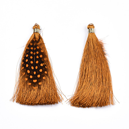 Honeyhandy Polyester Tassel Big Pendant Decorations, with Feather and Iron Findings, Goldenrod, 96~100x7mm, Hole: 5mm