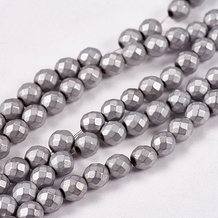 Electroplate Non-magnetic Synthetic Hematite Beads Strands, Faceted, Frosted, Round, Grade A, Silver Plated, 4mm, Hole: 1mm, about 100pcs/strand, 16 inch