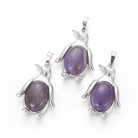 Honeyhandy Natural Amethyst Pendants, with Brass Findings, Penguin, Platinum, 34~35x24~25x5~8mm, Hole: 8x5mm