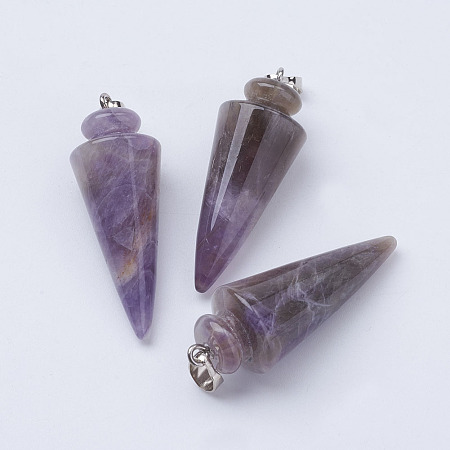 Honeyhandy Natural Amethyst Pendants, with Platinum Plated Brass Findings, Cone/Spike/Pendulum, 43~45x16mm, Hole: 5x7mm