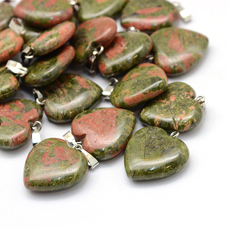 Honeyhandy Heart Natural Unakite Pendants, with Platinum Tone Brass Findings, 20~22x20~21x5~8mm, Hole: 2x7mm