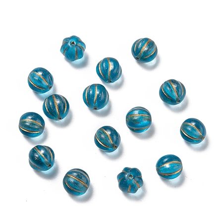 Arricraft Czech Glass Beads, with Gold Wash, Pumpkin/Round Melon, Steel Blue, 8mm, Hole: 0.8mm, about 14pcs/10g