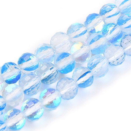 Electroplate Transparent K9 Glass Beads Strands, Faceted, Round, Deep Sky Blue, 8mm, Hole: 1mm; about 50pcs/strand, 14.76 inches(37.5cm)