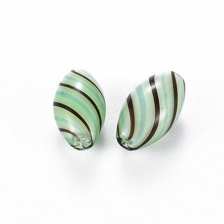 Honeyhandy Opaque Handmade Blown Glass Globe Beads, Stripe Pattern, Rice, Light Green, 17.5~19x10mm, Hole: 1~2mm