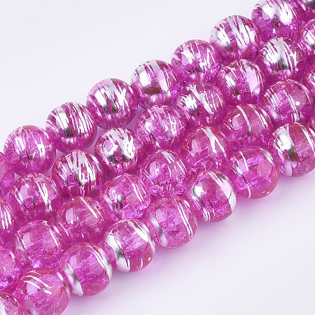 Arricraft Drawbench Transparent Glass Beads Strands, Crackle Style, Round, Fuchsia, 10x9.5mm, Hole: 1.5mm, about 79~80pcs/strand, 30.3 inches