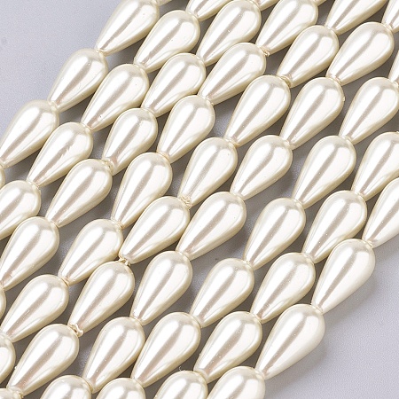 Arricraft Glass Pearl Beads, Painted, Teardrop, Floral White, 16x8mm, Hole: 1mm, about 24pcs/strand