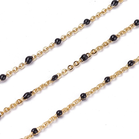 ARRICRAFT Handmade Enamel Beaded Chains, Brass Cable Chains, Long-Lasting Plated, Soldered, Black, Real 18K Gold Plated, 1.5mm