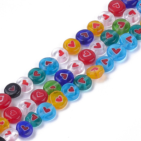 ARRICRAFT Handmade Lampwork Beads Strands, Flat Round with Heart, Mixed Color, 6~6.5x2.5mm, Hole: 1mm, about 64pcs/strand, 14.3 inches