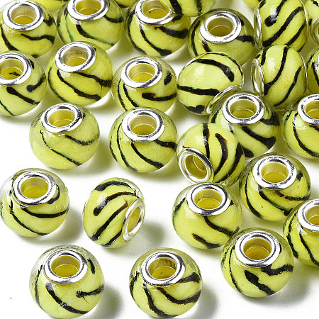 ARRICRAFT Handmade Lampwork European Beads, Large Hole Rondelle Beads, with Platinum Tone Brass Double Cores, With Spiral Pattern, Yellow, 14~16x9~10mm, Hole: 5mm