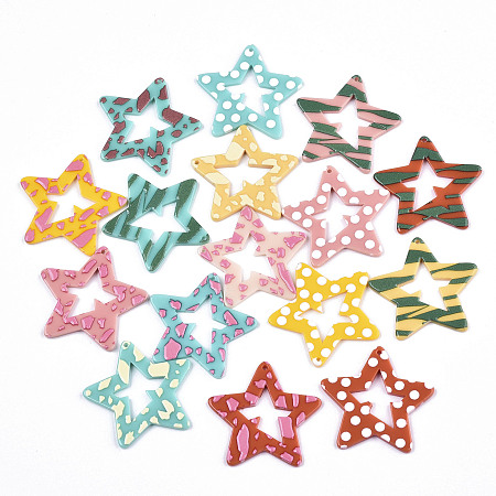 ARRICRAFT Opaque Printed Acrylic Pendants, Star, Mixed Color, 37x39x2~3mm, Hole: 1.5mm