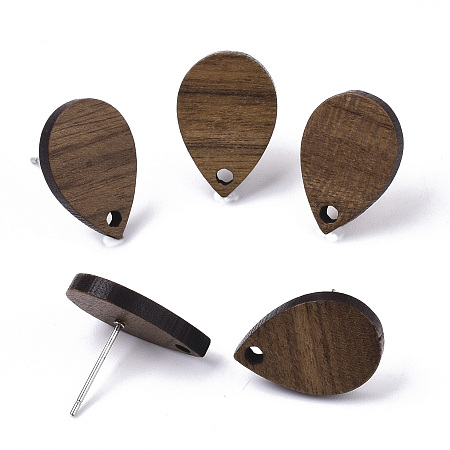 Honeyhandy Walnut Wood Stud Earring Findings, with 304 Stainless Steel Pin, Teardrop, Coconut Brown, 17x11.5mm, Hole: 1.6mm, Pin: 0.7mm