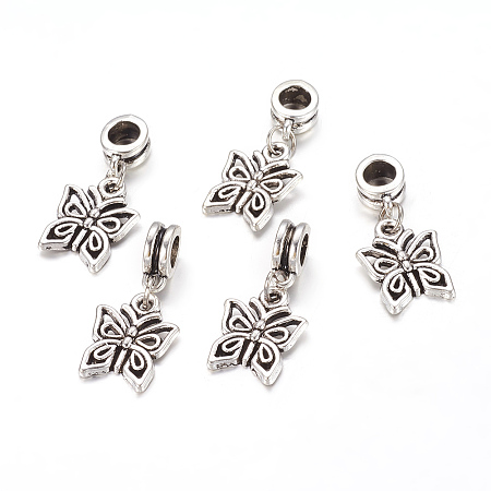 Honeyhandy Alloy European Dangle Charms, Butterfly, Antique Silver, 27mm, Hole: 5mm