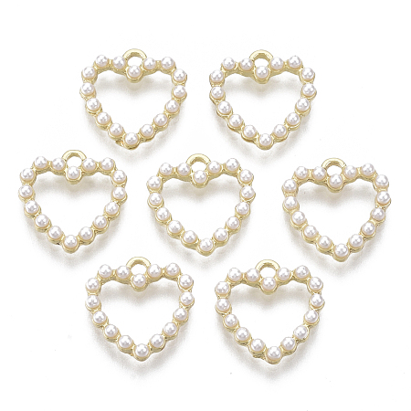 Honeyhandy Alloy Charms, with ABS Plastic Imitation Pearl, Heart, White, Light Gold, 13x12.5x2.5mm, Hole: 1.4mm